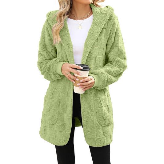 HOODED SOLID COLOR PLUSH PLAID JACQUARD CARDIGAN
