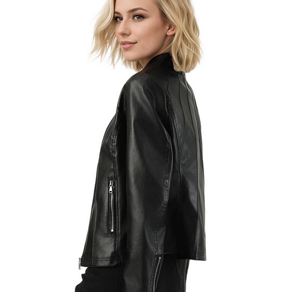 Slim Fit Stand Collar Faux Leather Jacket Women_CWMM9025