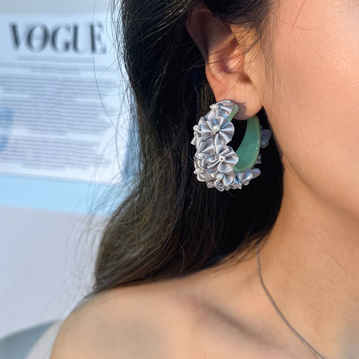 Handmade Fabric Flower C-Hoop Earrings Fresh Style