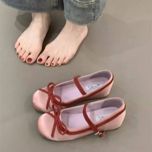 Satin Bow Mary Jane Shoes with Hidden Wedge