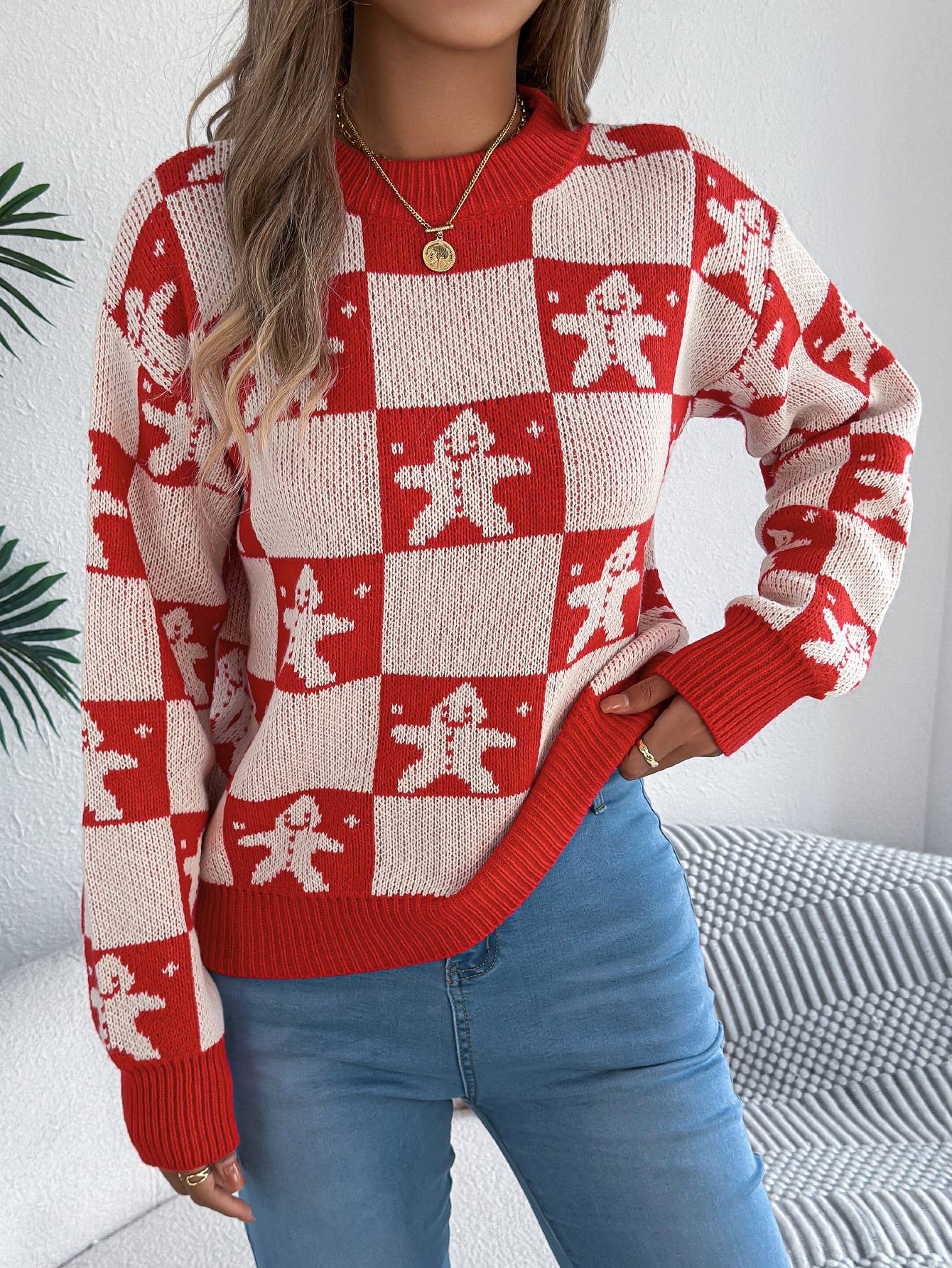 Snowman checkered lantern long-sleeved sweater
