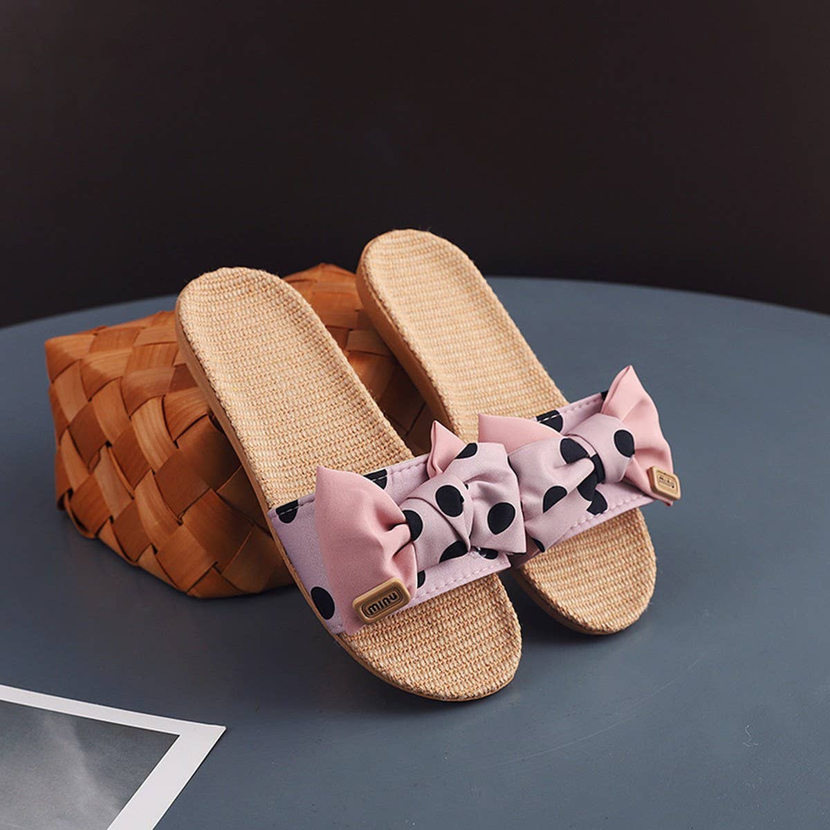 Polka Dot Linen Bow Slippers Soft Sole Non-Slip_CWSHF0185