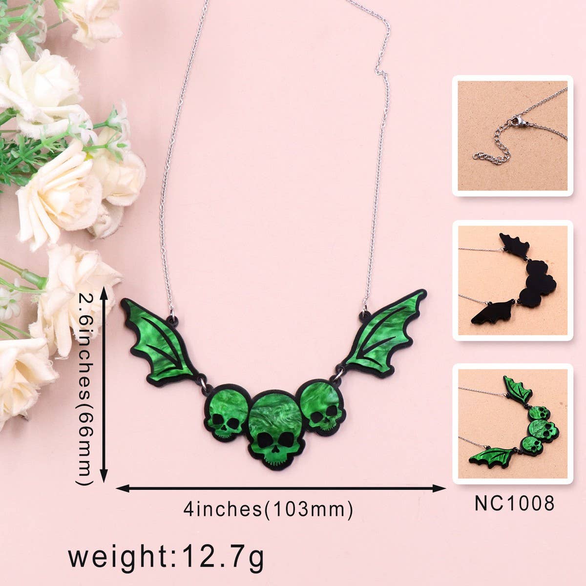 HALLOWEEN GOTHIC SKULL BAT NECKLACE
