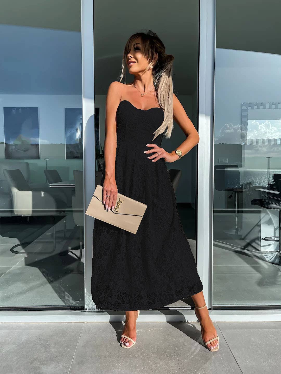 SEXY BREAST WRAP LACE LONG SOLID COLOR DRESS