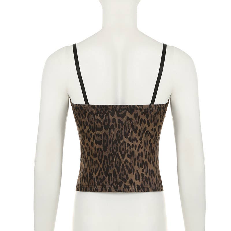 Sexy wood ear lace leopard print halter top