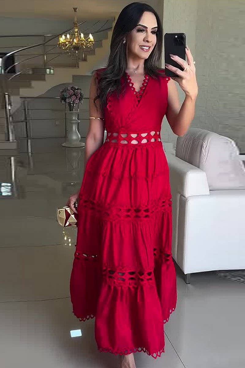 CWDMD5458_V-NECK HOLLOW EMBROIDERED SLEEVELESS MAXI DRESS