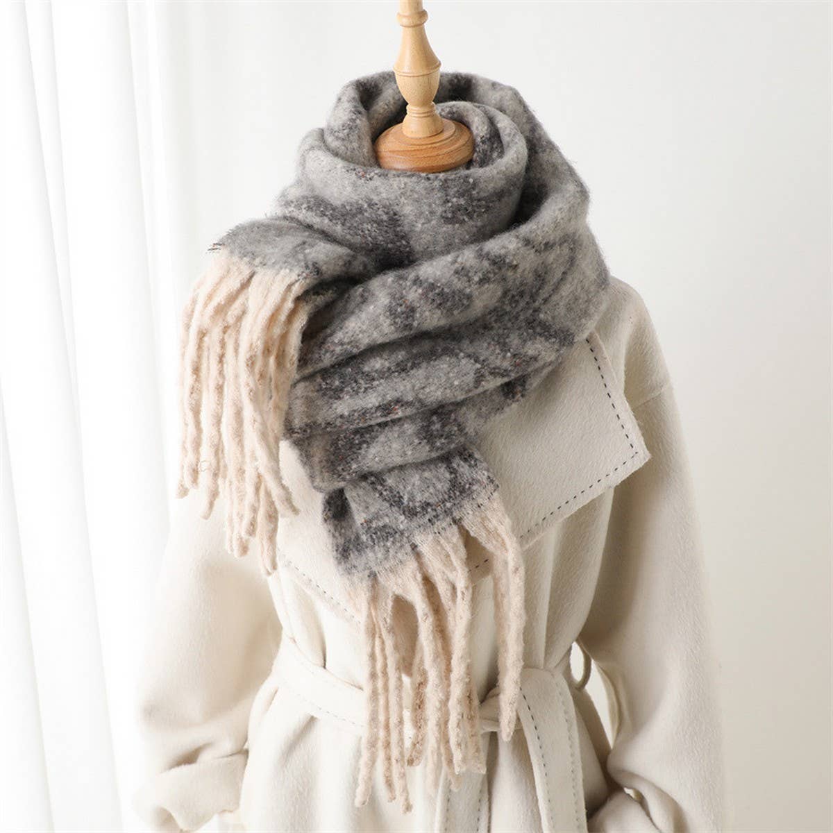 Geometric Colorblock Tassel Scarf for Fall Winter