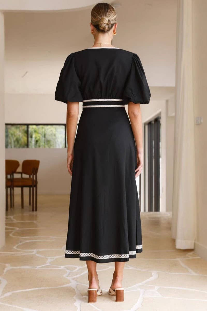 CWDMD5666_V-NECK SOLID LACE PUFF SLEEVE WAIST MAXI DRESS