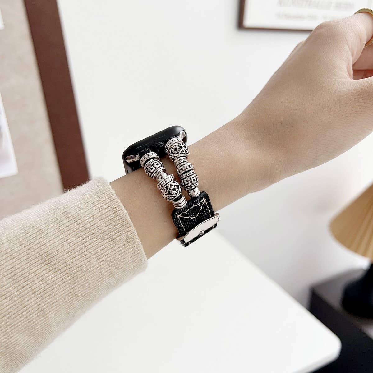 IWATCH9-1 TIBETAN SILVER DENIM LEATHER STRAP