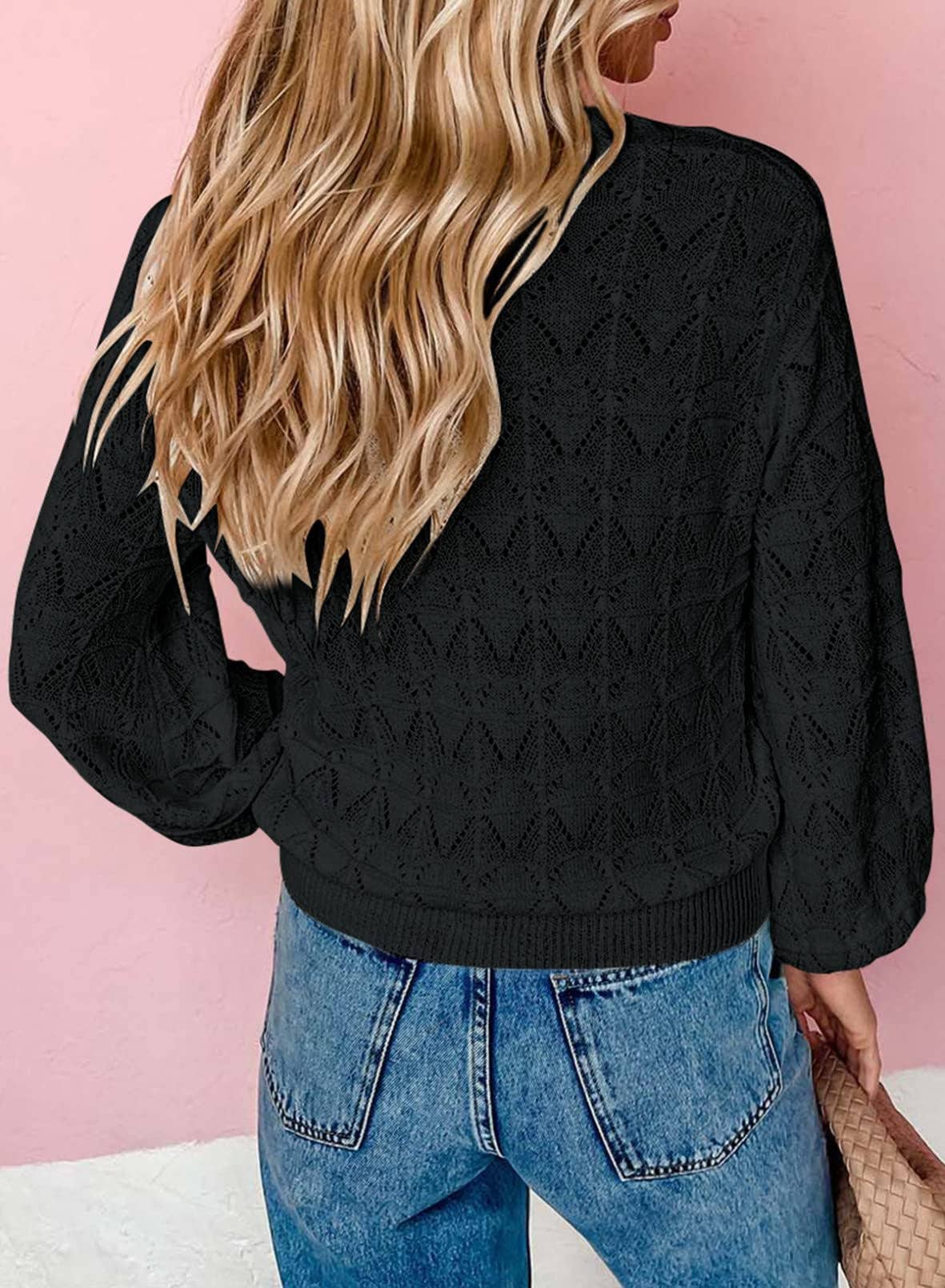 LONG SLEEVE CROCHET V-NECK CARDIGAN