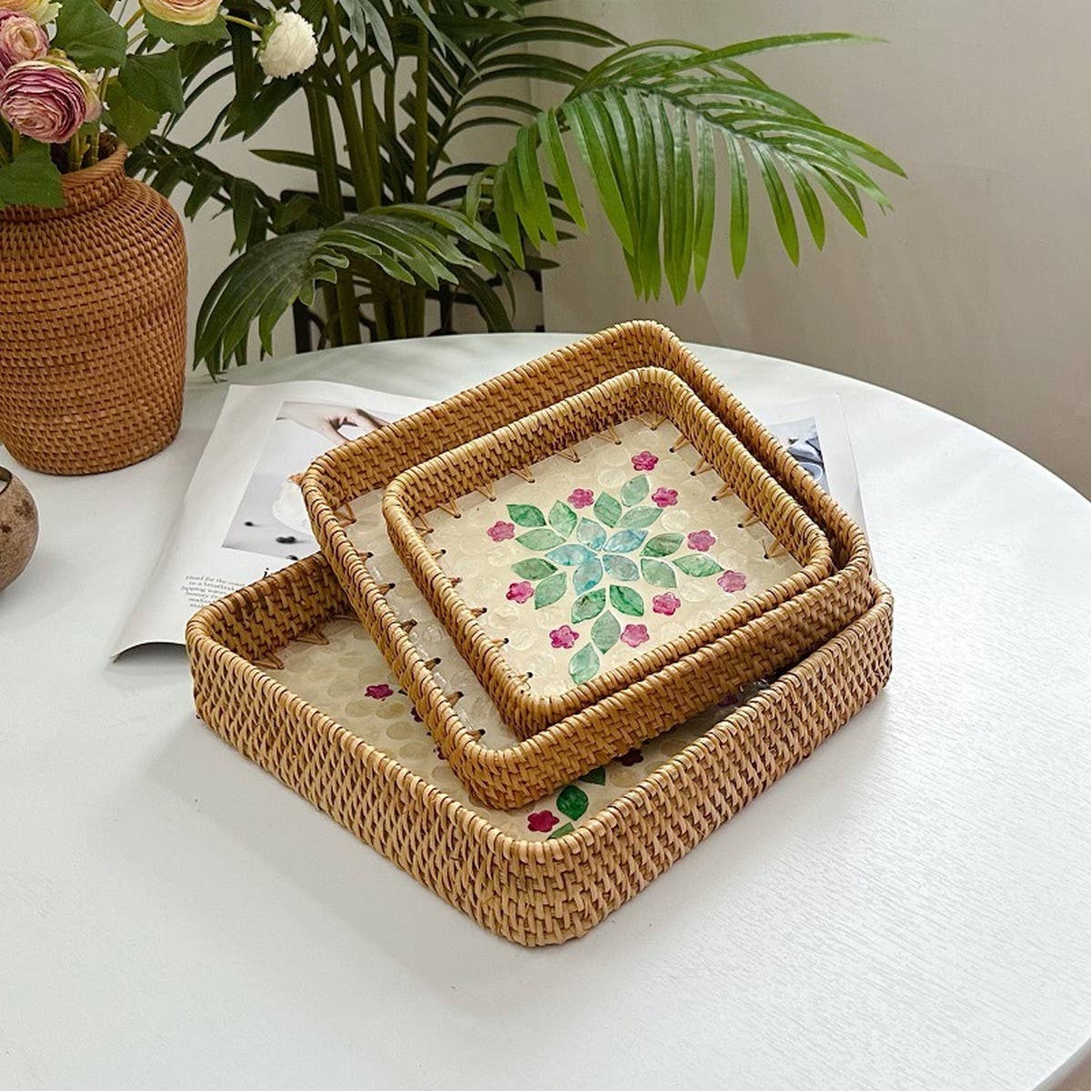 RATTAN COLORFUL SHELL FRUIT TRAY THREE-PIECE SET_CWMM4407