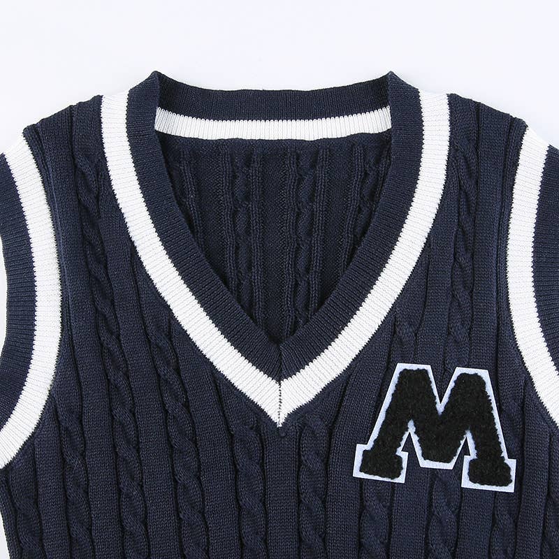 SLEEVELESS LETTER COLOR PATCHWORK V-NECK VEST