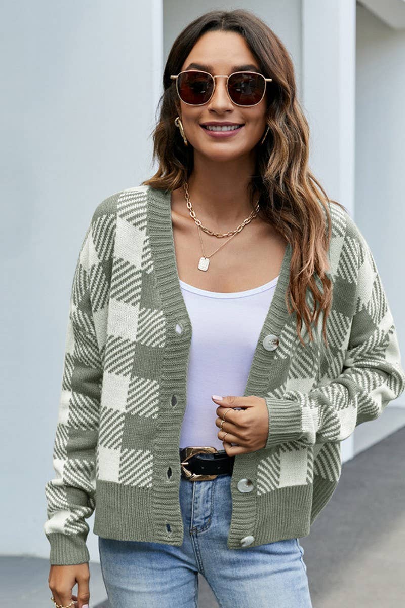 CWOCAL0790_V-NECK CASUAL PLAID KNITTED CARDIGAN