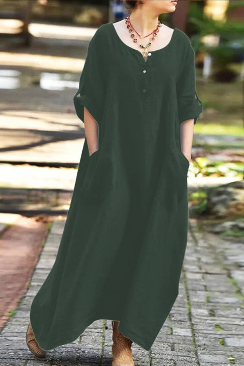 CWDMD4868_LONG SLEEVE V-NECK POCKET COTTON AND LINEN DRESS