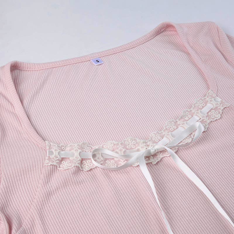 SLIM BOW IRREGULAR LACE PATCHWORK T-SHIRT