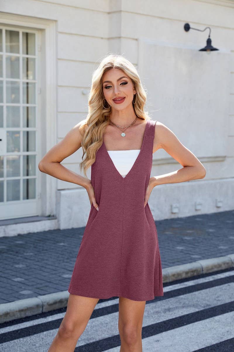 CWDSD7288_SOLID COLOR V-NECK SQUARE NECK REVERSIBLE DRESS