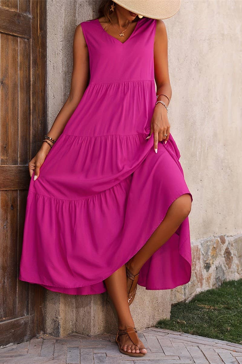 CWDMD4880_SOLID V NECK TIERED HEM SLEEVELESS DRESS