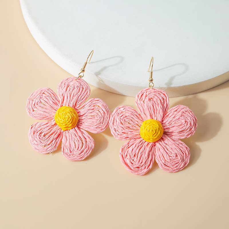 Woven raffia grass exaggerated flower earrings