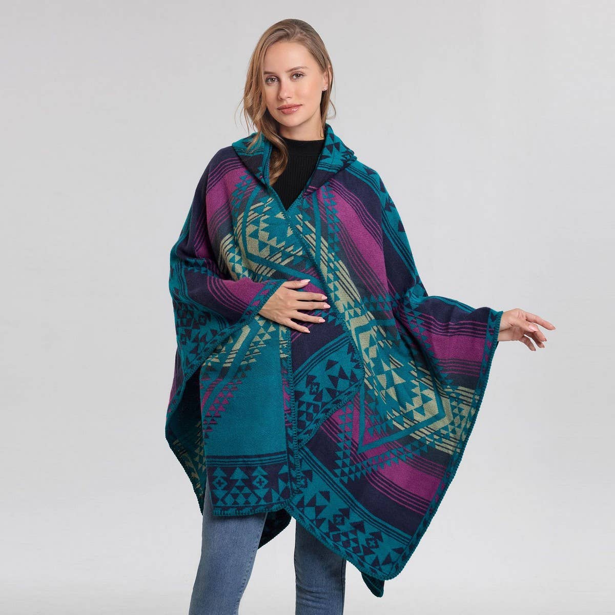 VINTAGE JACQUARD WARM SCARF SLIT HOODED CAPE