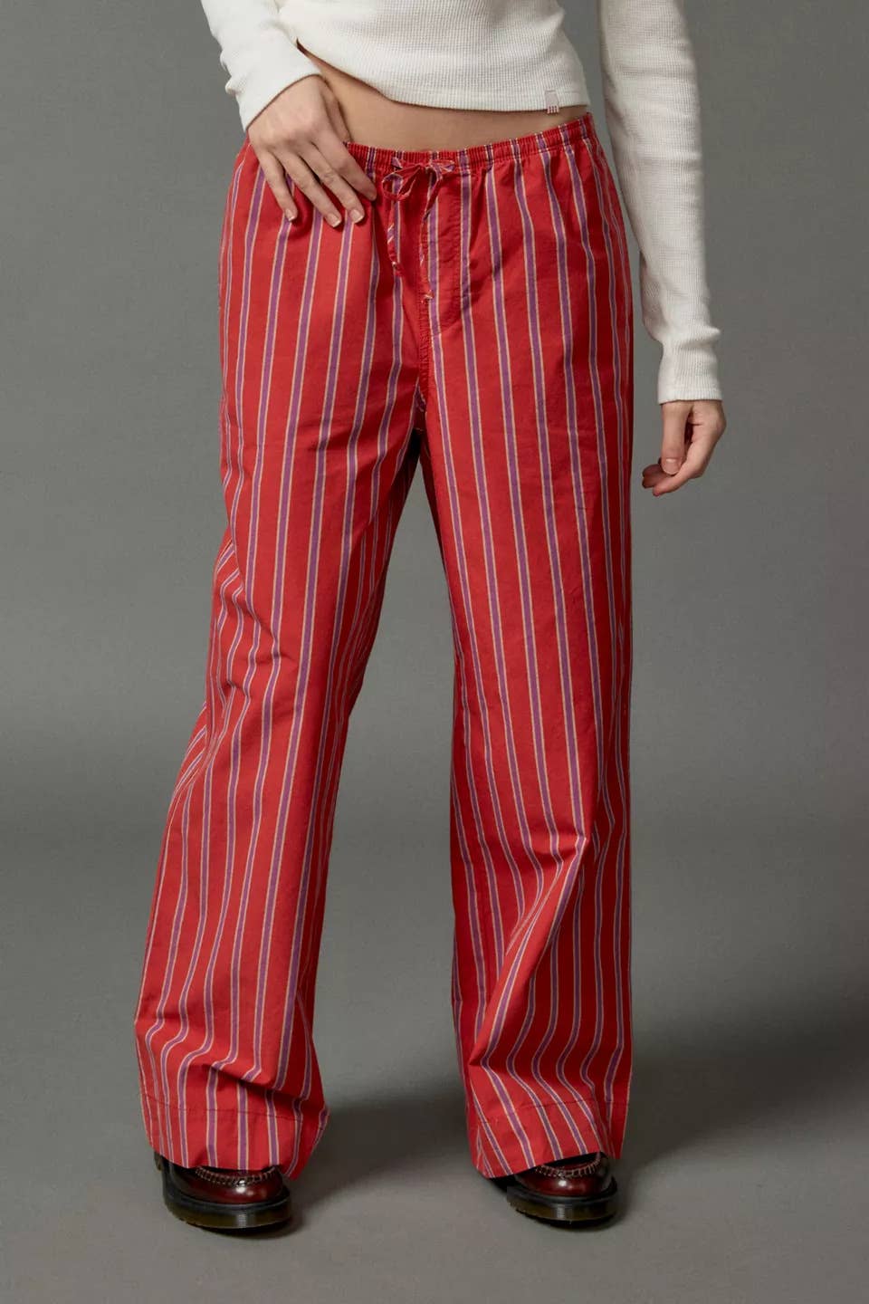 Striped street drawstring straight-leg pants