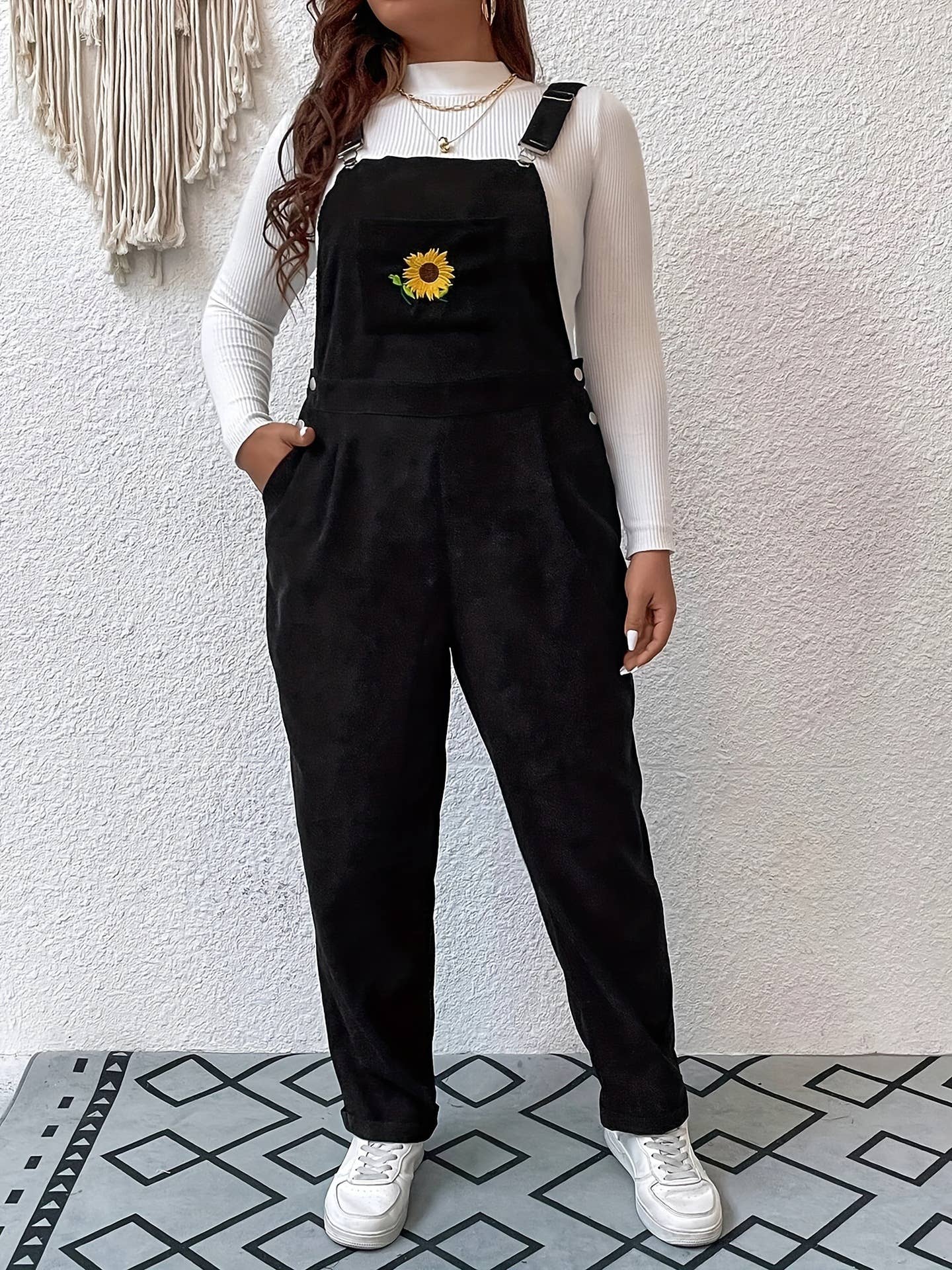 Sunflower embroidery corduroy casual overalls