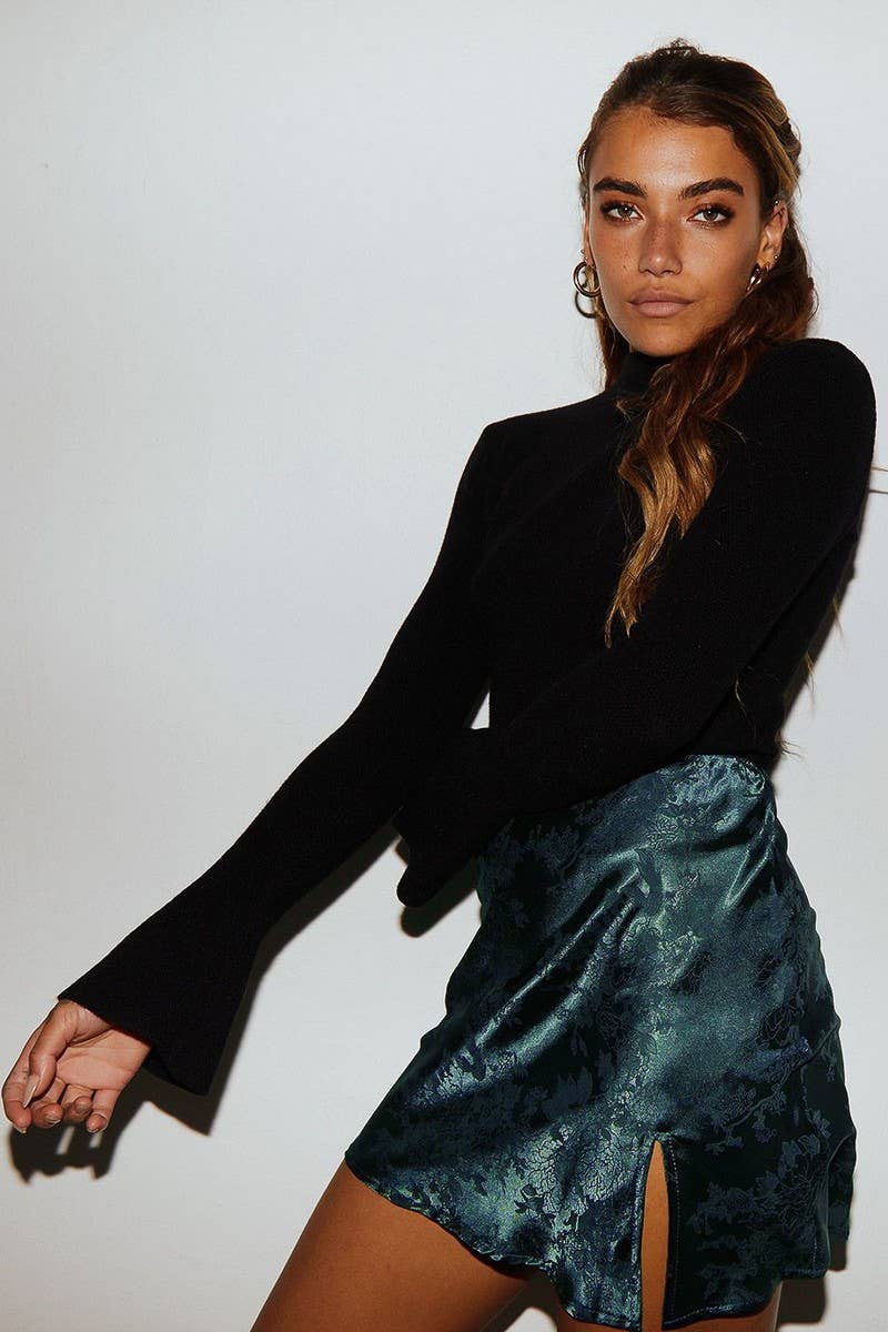 SEXY SLITTED SATIN JACQUARD HIGH WAIST SKIRT