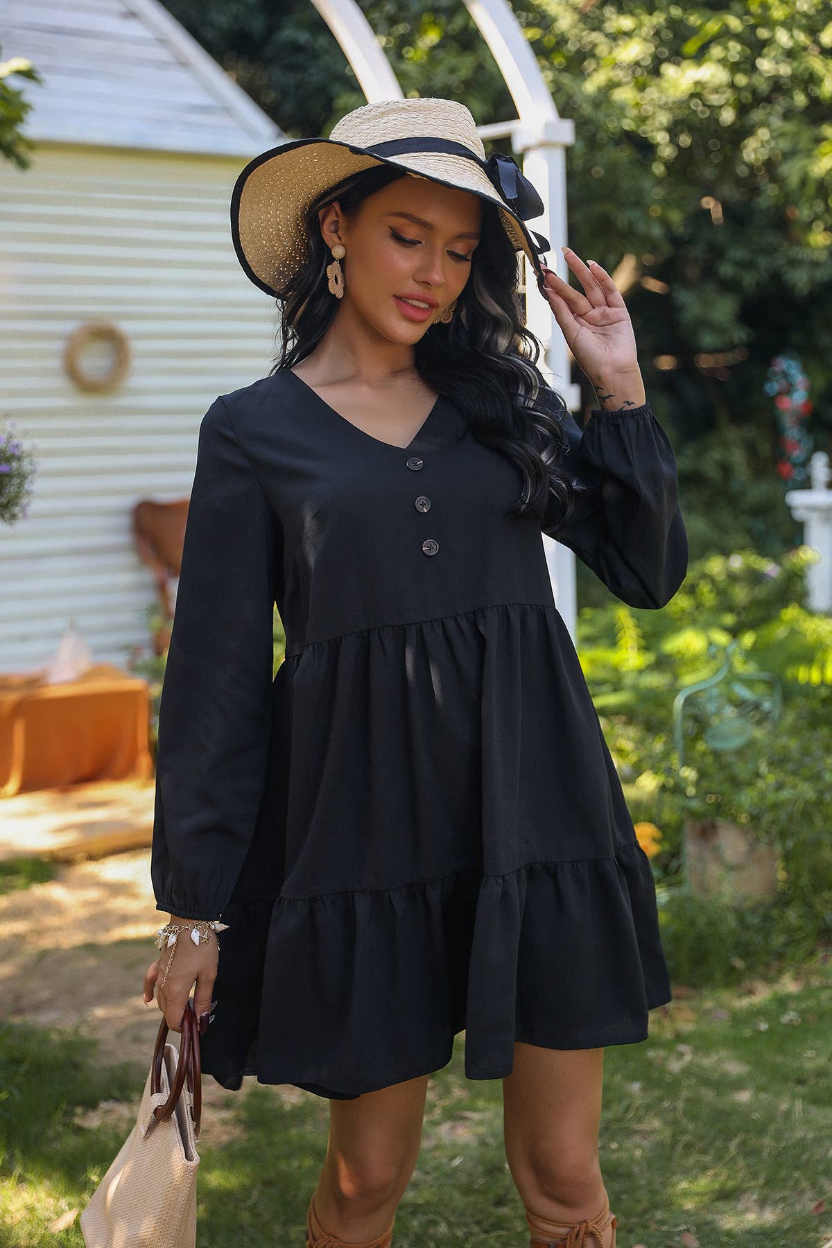 V-NECK SOLID COLOR LOOSE HIGH-WAISTED SHORT DRESS