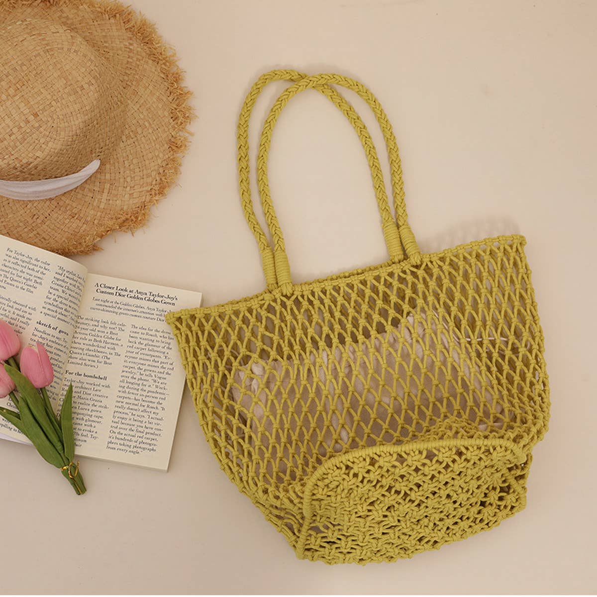 SIMPLE MESH ONE-SHOULDER BEACH STRAW BAG_CWAB1884