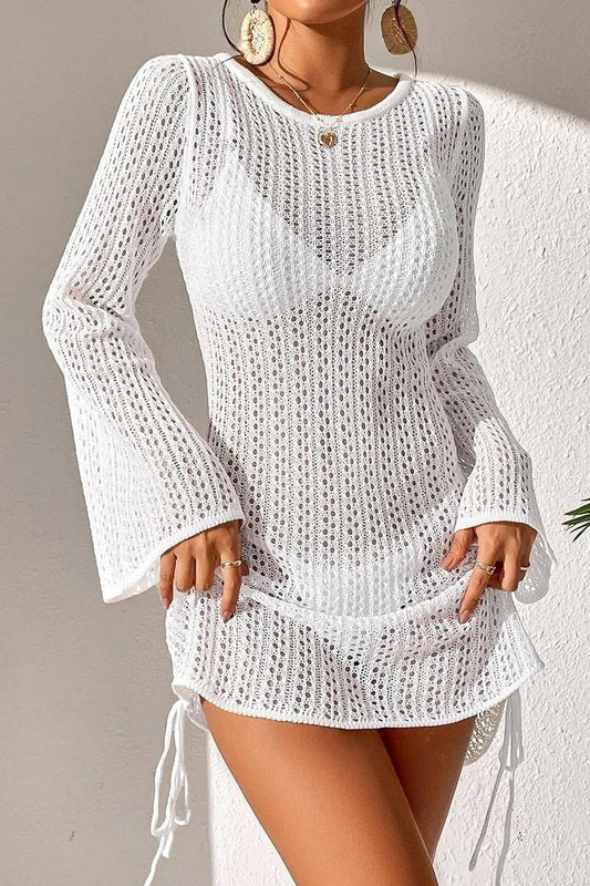 CWDSD6776_DRAWSTRING MID-WAIST CREW NECK LONG SLEEVE DRESS