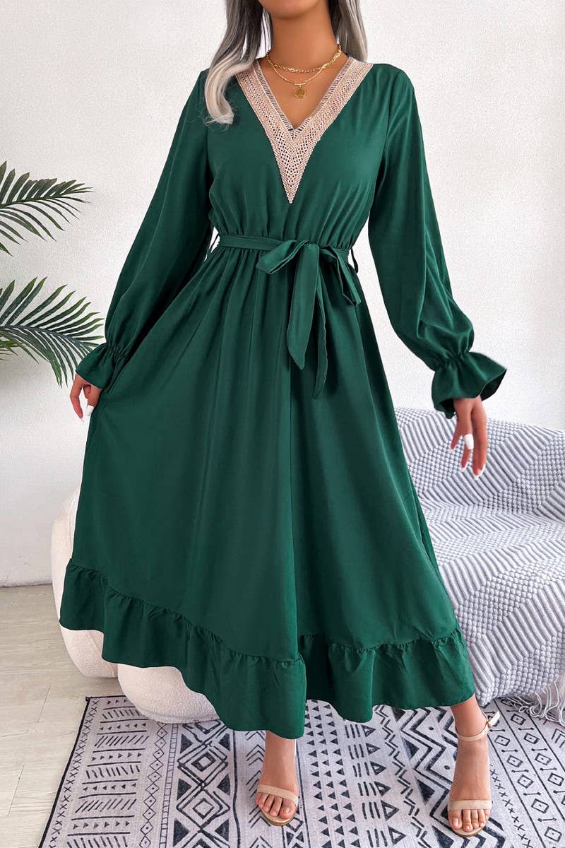 CWDMD4716_TEMPERAMENT V-NECK LACE WAIST RUFFLED LONG SKIRT