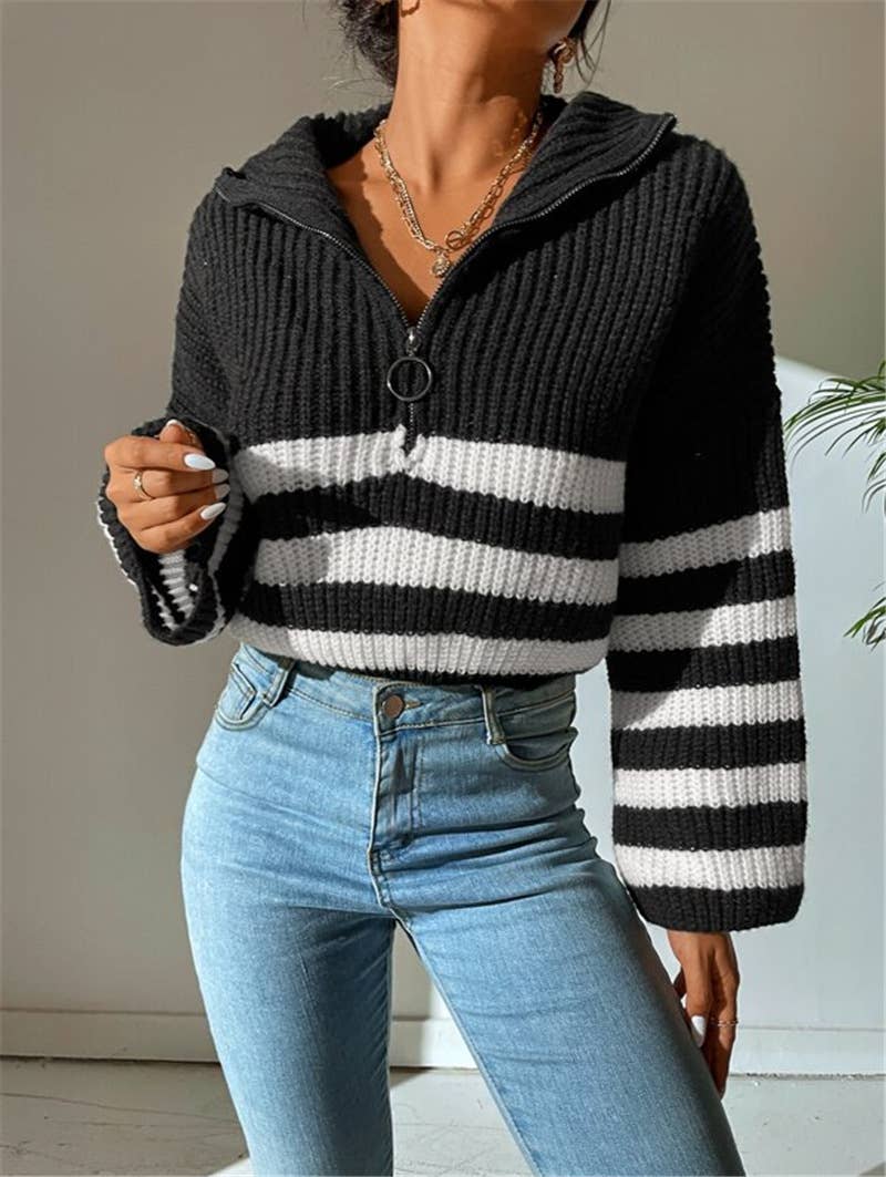 Striped color-blocking stand-up knitted sweater