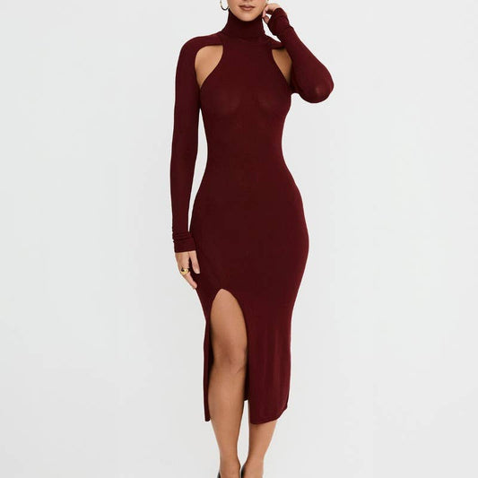 FASHION CUTOUT SLIM DRESS WITH HIGH NECK AND SLIT
