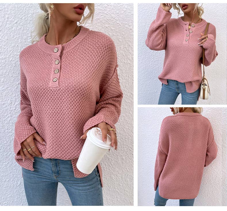 SOLID COLOR CREW NECK BUTTON UP FRONT CARDIGAN