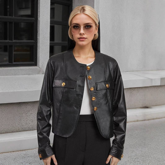 Round-neck single-breasted leather jacket