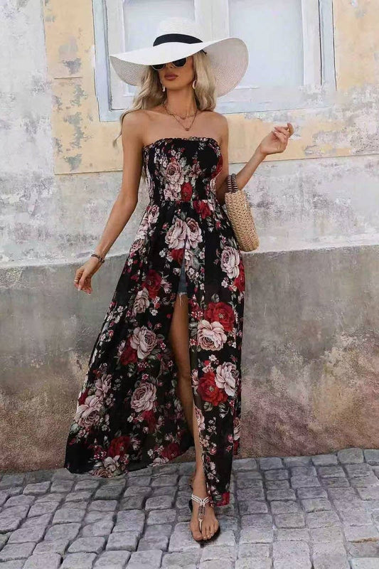 CWDTD0485_FLORAL PRINT STRAPLESS SEXY MAXI DRESS