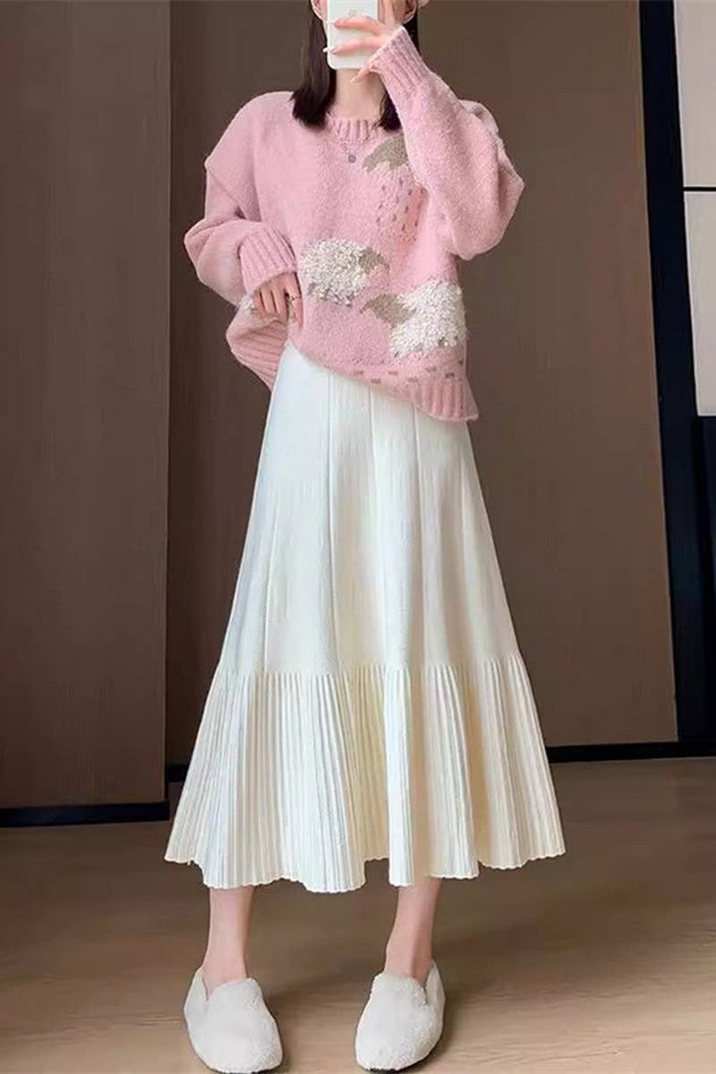 CWBLS0298_SOLID COLOR HIGH WAIST PLEATED KNITTED SKIRT