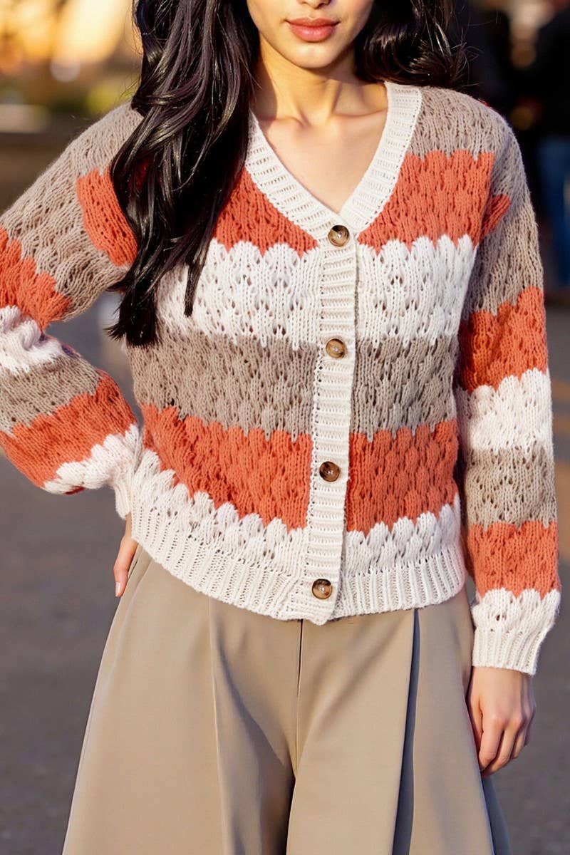 CWOSWL07088_CONTRAST COLOR V-NECK LOOSE KNIT CARDIGAN SWEATE