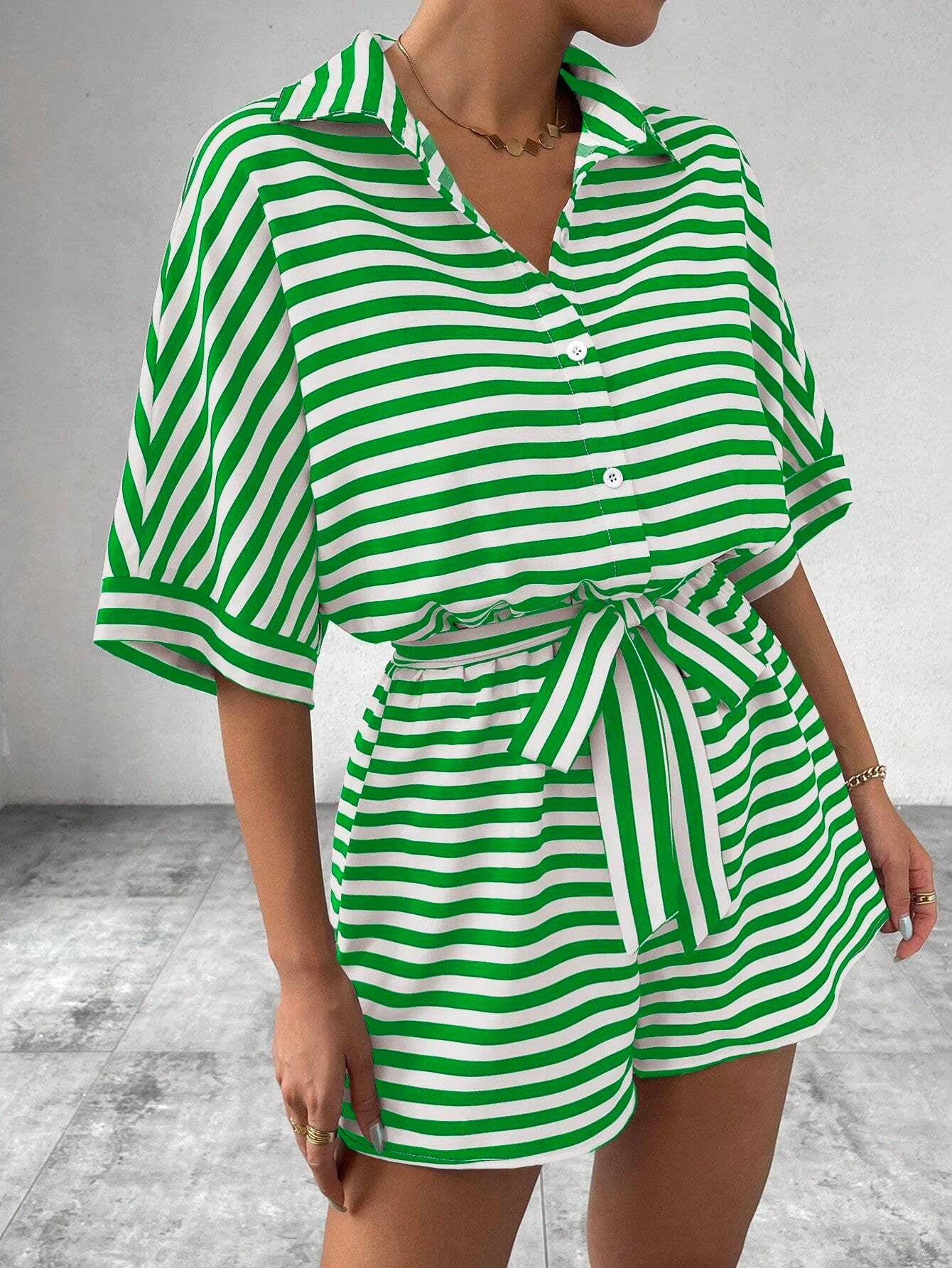 Women¡¯s striped buttoned cardigan romper