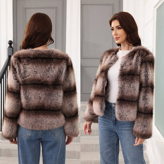 Striped Faux Fox Fur Short Coat for Women_CWMM9113