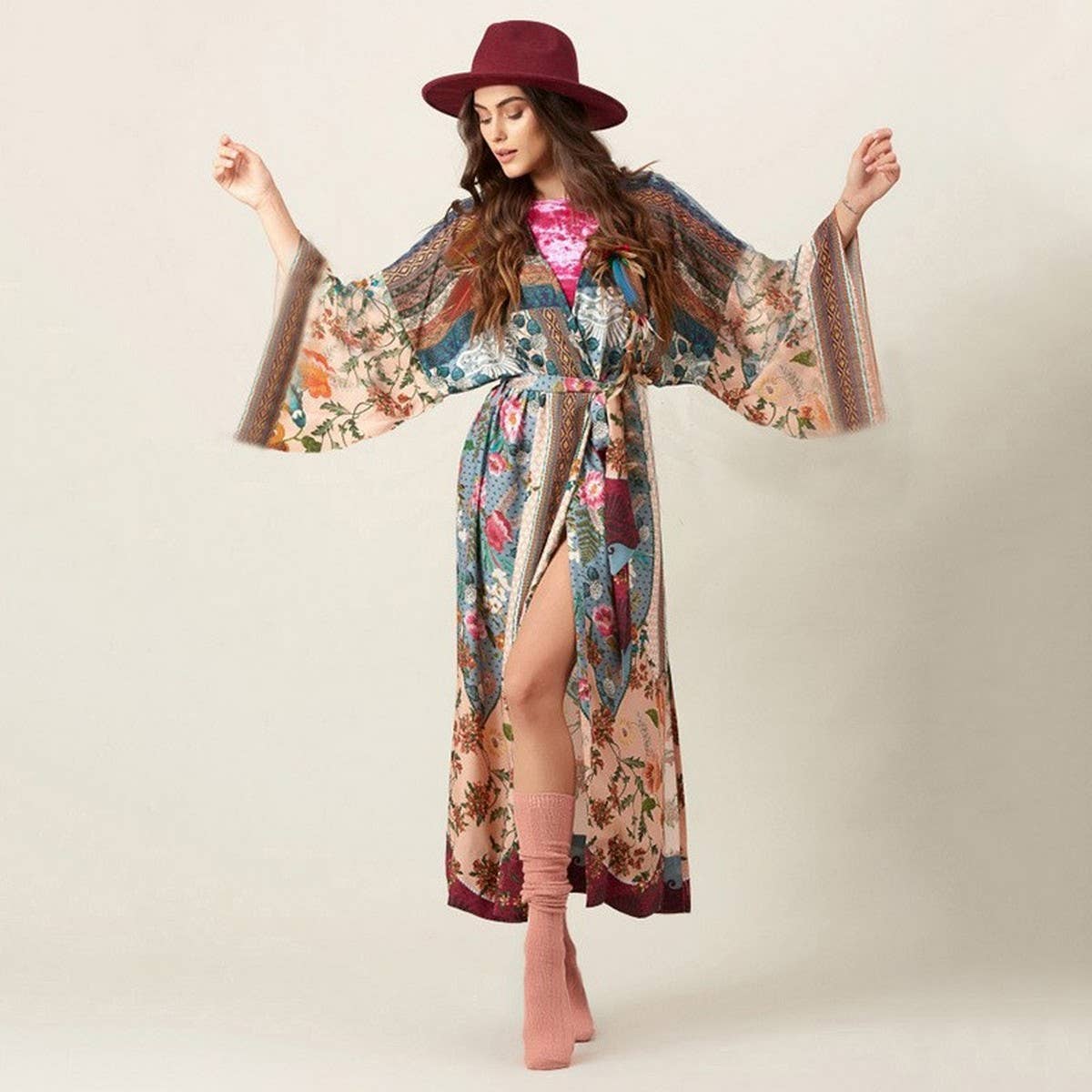 Rayon Floral Bikini Cover-Up Beach Cardigan_CWMM6307