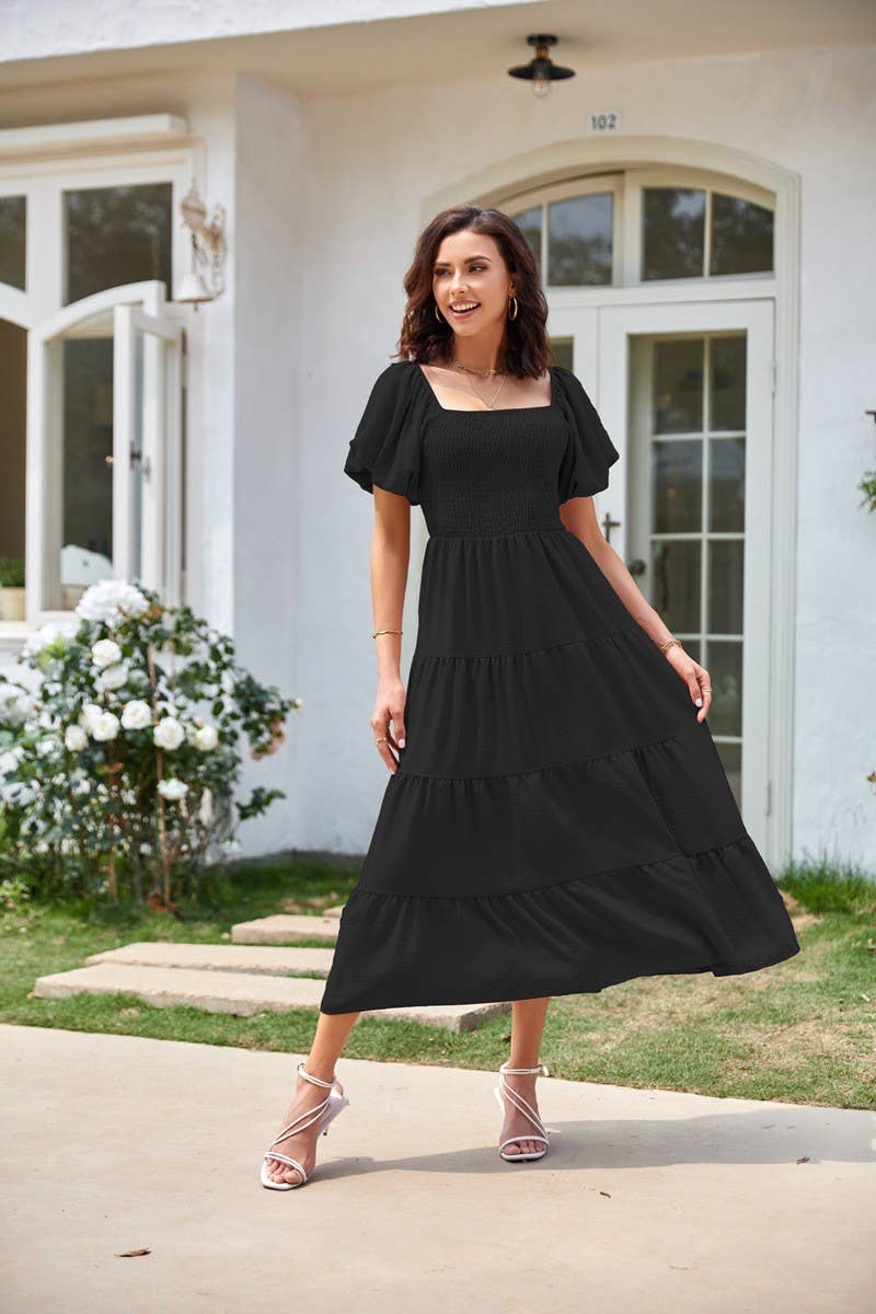 CWDTD0360_SQUARE NECK OFF SHOULDER PUFF SLEEVE DRESS