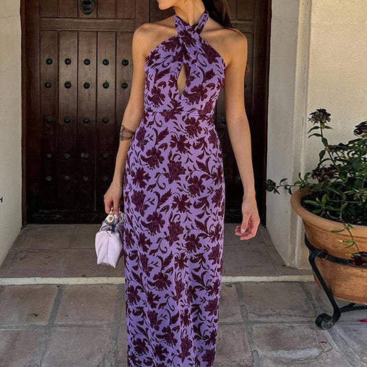 Off-the-shoulder printed, backless slit dress