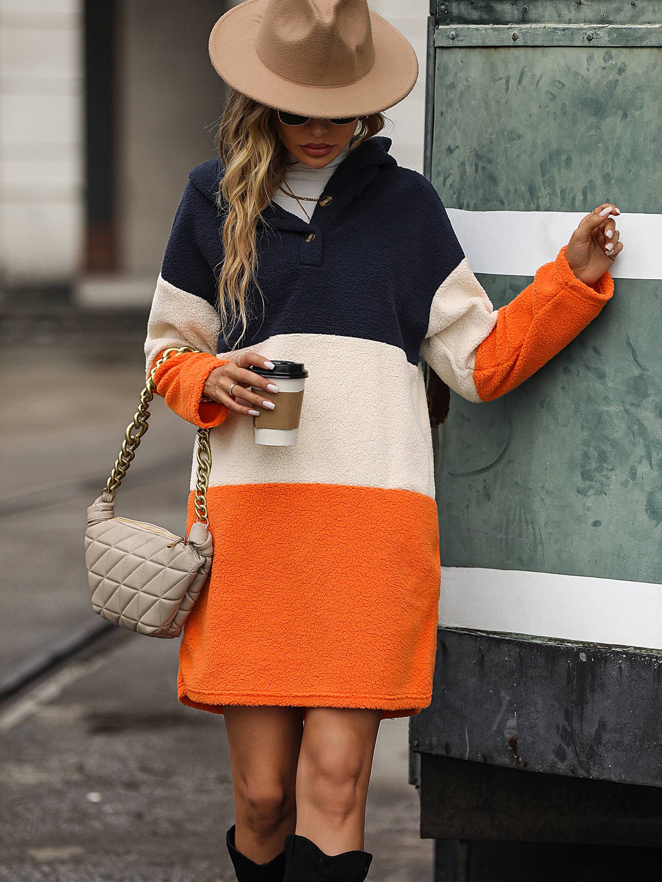 HOODED COLOR MATCH COLOR FLEECE CASUAL HOODIE