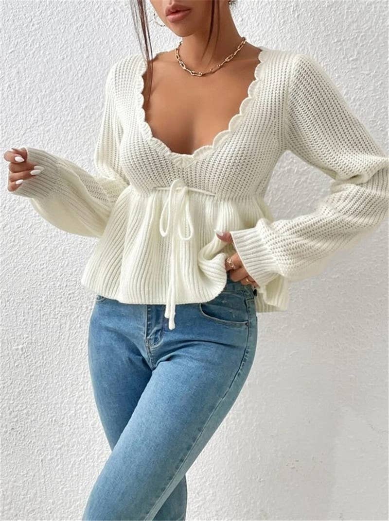 V-neck drawstring tie ruffled hem knit sweater