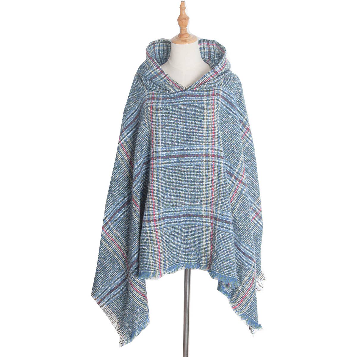 CIRCLE YARN FUR LARGE PLAID HOODED CAPE SHAWL
