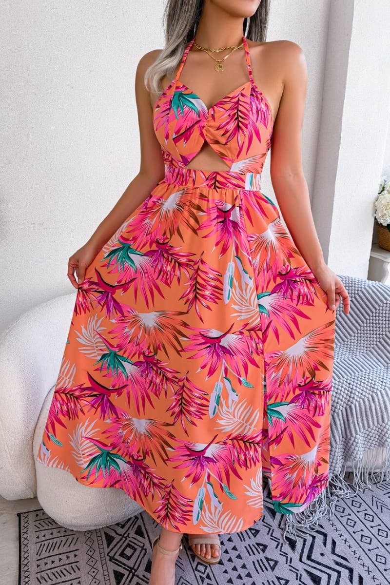 CWDHL0512_PRINT HOLLOWED-OUT BEACH HALTER DRESS LONG