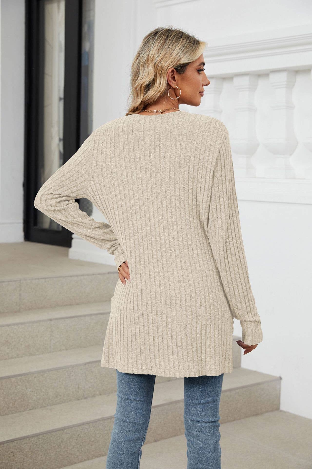 Solid-color casual pocket long-sleeved cardigan