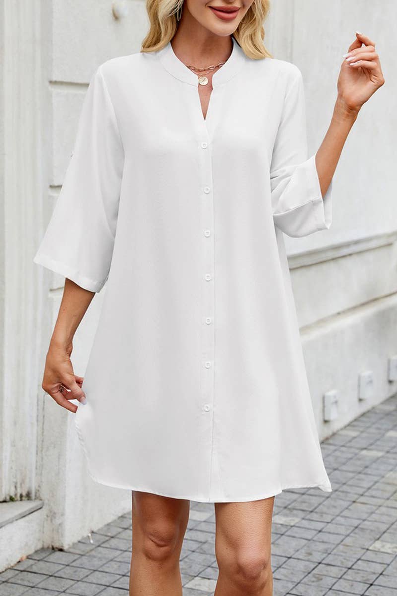 CWDSD7420_SUMMER LOOSE MID SLEEVE BUTTON SHIRT DRESS