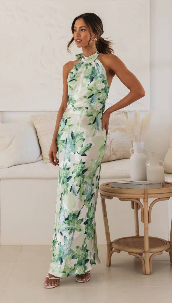 Lace-up,halter-neck,tie,backless printed dress