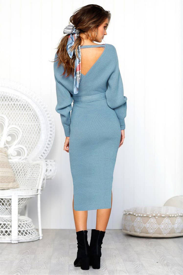 SEXY V-NECK LACE-UP LONG-SLEEVED DRESS
